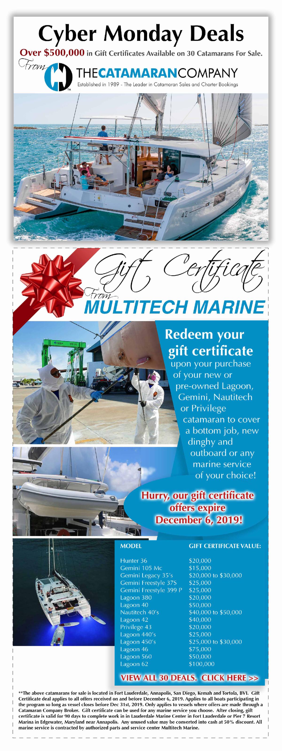 Over $500,000 in Gift Certificates on 30 Catamarans For Sal